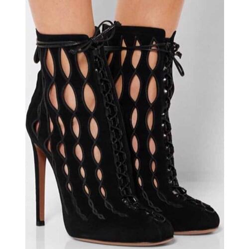 Twist Embroidery Cut Out Lace up Ankle Boots Thin Heel Lace Up High heel Fashion Boot Ladies Black Faux Suede Short Boots