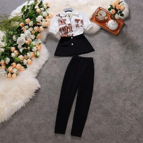 Amolapha Womens Stylish OL Clothing Set Patchwork Design Bow Printed Tops+High Waist Straight Pants Female Office Wear Outfits