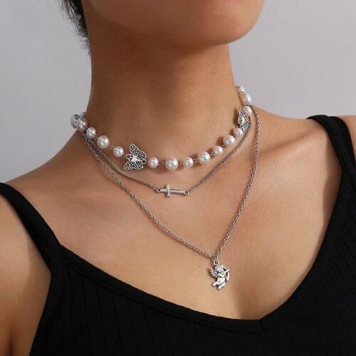 Vintage Temperament Imitation Pearl Butterfly Cross Angel Pendant Necklace Women Multilayer Geometric Necklace Pendants Jewelry