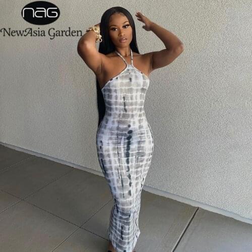NewAsia Tie Dye Dress Spaghetti Strap Halter Lace up Bodycon Print Long Dress Fashion Sexy Vestidos Summer Dress for Women 2021