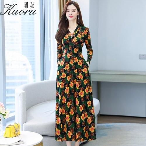 Women Autumn Midi Vintage Dress Winter Casual Floral Robe V Neck Vestiti Donna Eleganti 2021 Femme Chic Long Sleeve Vestidos