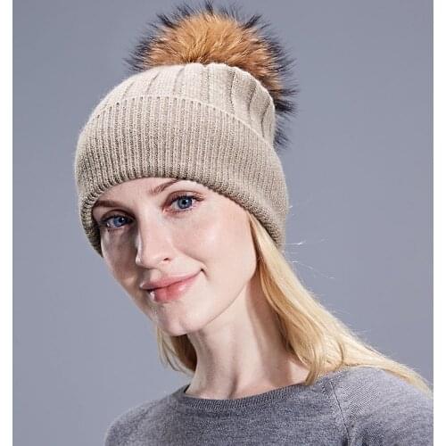Winter Women Child Real Pom Pom Beanies Hats Solid Color Cute Warm Knitted Bobble Girl Natural Raccoon Fur Pompon Casual Hat Cap