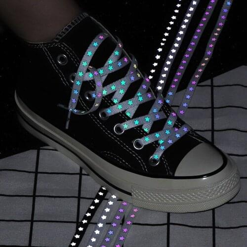 1pair New Holographic Reflective Star Shoelaces Double-sided Reflective High-bright Reflective Flat Laces Sneakers ShoeLaces