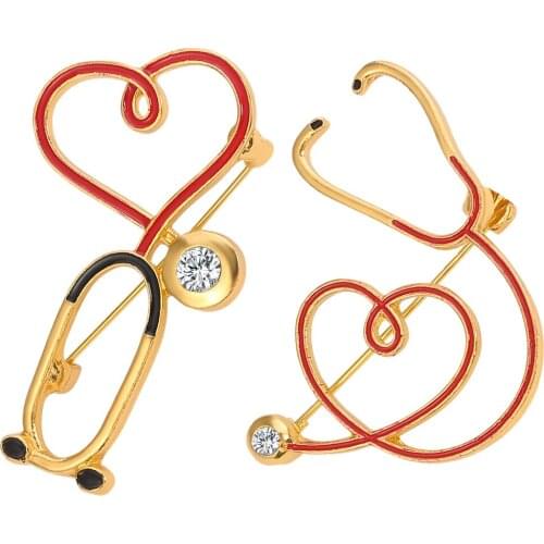 10pcs/lot Fashion Jewelry Nurse Doctor Medical Workers Alloy Pins Enamel Stethoscope Heartbeat Shape Brooches Hospital Gifts