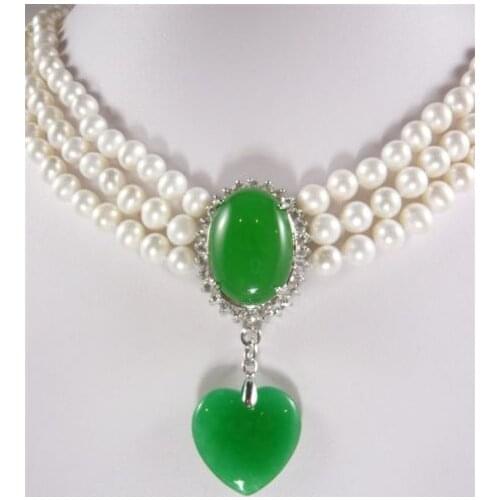 2 colors! 3 row 6-7mm white/black pearl necklace +green/red heart Natural Stone pendant