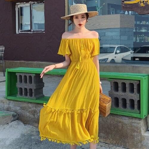 Boho 2021 Summer Seaside Vacation Strapless Slash Collar Yellow Dress For Women Off Shoulder Fashion Tassel Beach Dress zh341
