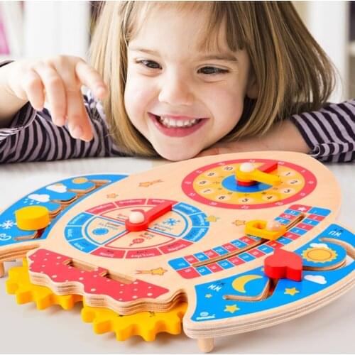 Educational Montessori Rocket Clock Toy Kids Cartoon Calendar Board Weather Season Matching Time Toy Wooden Time Cognition Toys