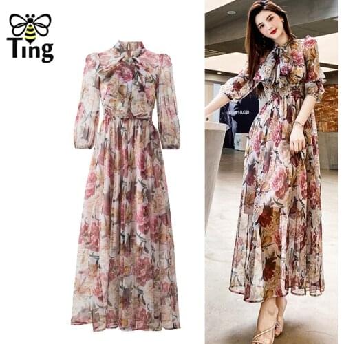 Tingfly Vintage Elegant Floral Printing Elastic High Waist Chiffon Midi Long Dresses Party Evening Dress Bow Collar Pretty Robes
