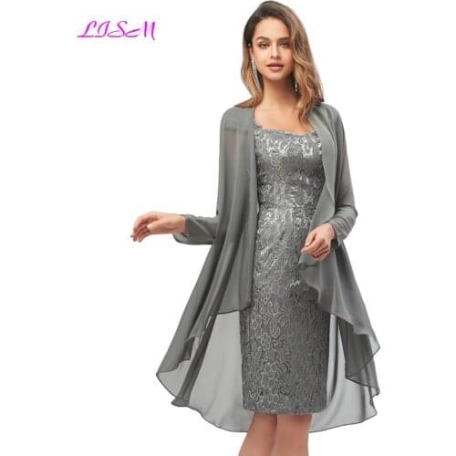 Short Lace Mother of The Bride Dress with Chiffon Jacket Knee-Length Evening Formal Gowns Plus Size Mother Dresses Custom made