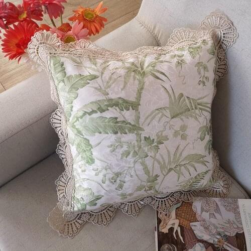 Newest 100% Polyester Jacquard Fabric 45x45cm Square Green Leaves Pillow Case Pillow Cover With Elegant Lace Trimmings
