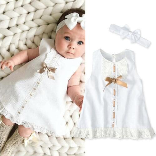 2020 Princess Toddler Baby Girls Dress Headband 2pcs Floral Bow Sleeveless A-Line Sundress Size 70-100