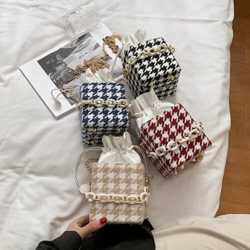 Retro Plaid Bag Shoulder Bags For Women Bucket Box Portable Woolen Messenger Handbags Travel Acrylic Chain Small Crossbody Pouch