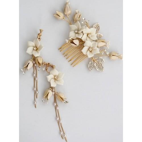 Jonnafe Pearls Wedding Hair Jewelry Gold Porcelain Flower Bridal Comb Hair Piece Handmade Women Accessories