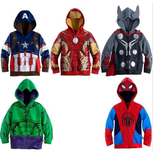 Marvel Sweatshirt Hulk Spider-Man Captain America Avengers Sweater Cartoon Top Zipper Hoodie Childrens Clothes