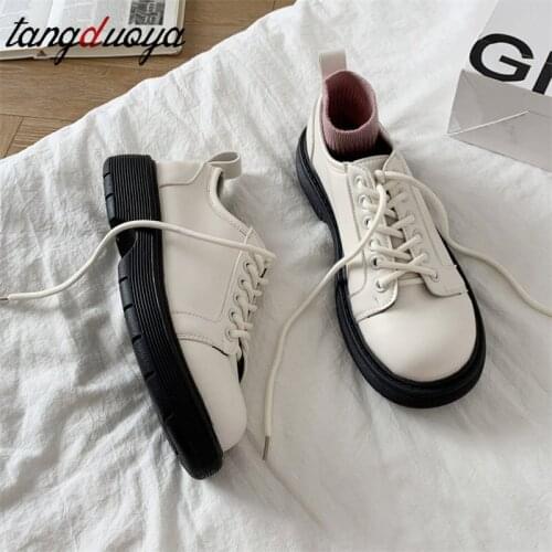 British black white Shoes for Women Fashion Lace Up Women Casual Shoes Low Ladies Comfortable Leather Shoes Zapatillas Mujer