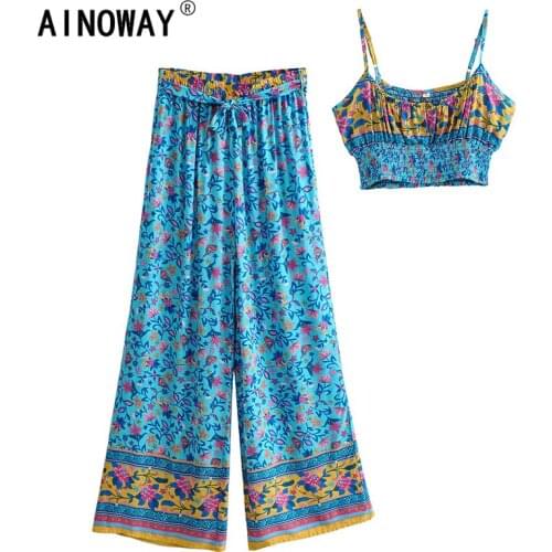 Vintage chic Women two piece outfits strap Sleeveless tops Bohemian sashes pants 2 pieces rayon cotton Boho sets