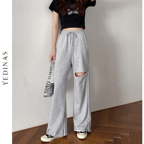 Yedinas Wide Leg Pants Women Casual Streetwear Loose Outfits High Waisted Hip Hop Hole Jogger Spring Female Pockets Sweatpants