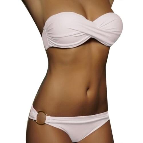 Women Beachwear Sexy Cross Pleated Bra Metal Ring Briefs Summer Bikini Set Two-piece Swimsuit Female Solid Bathing Suit 5 Colors