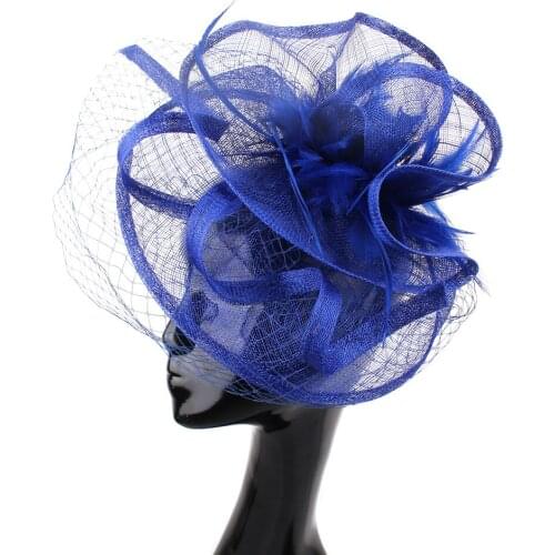 Millinery Sinamay Material Fascinator Headwear Royal Blue Women Wedding Kentucky Headpiece with Veils Cocktail Event Hats XMF51