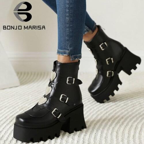 BONJOMARISA New Brand Fashion Platform Punk Motorcycle Combat Boots For Women Heart Buckle Chunky Heels womens Boots Goth Shoes