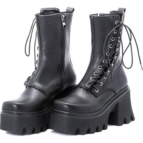 GIGIFOX Women Brand High Platform Chunky Heels Cool Street Shoelaces Motorcycles Ankle Combat Boots Fashion Black Gothic Shoes