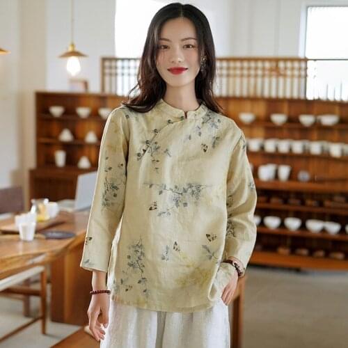 Johnature Women Print Floral Shirts And Tops Stand Vintage Button Blouses 2021 Autumn New Long Sleeve Linen Female Shirts