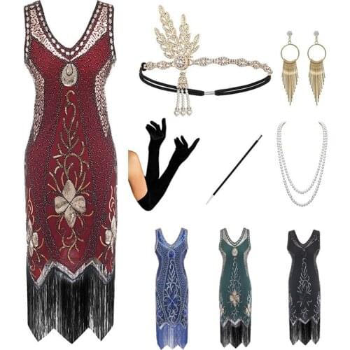 Retro Ladies 1920s Great Gatsby Party Dress Vintage Sequin Fringe Dresses Female Latin Dance Sleeveless Tassel Clothes DQL4225