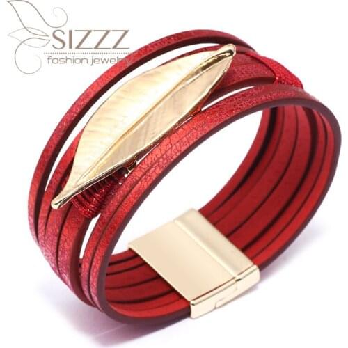 SIZZZ 2019 Hot supply source ladies leaf leather magnetic buckle bracelet&bangles for women