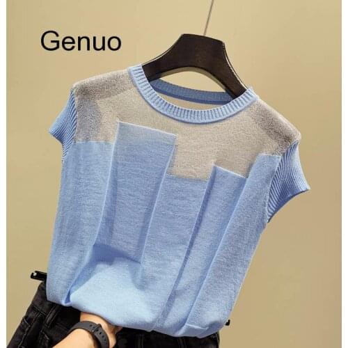 Korean Patchwork Ice Silk Knitted Sweater Women O-neck Short Sleeve Pullover Fashion Thin Sweaters 2019 Summer New Arrival Tops