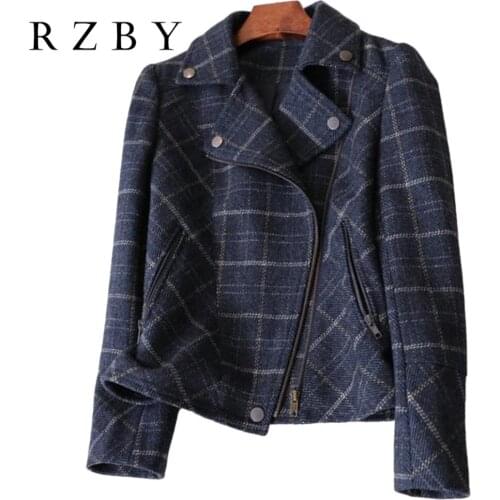Women wool coat 2021 spring new female decoration tops check pattern tooling motorcycle jacket coat RZBY558
