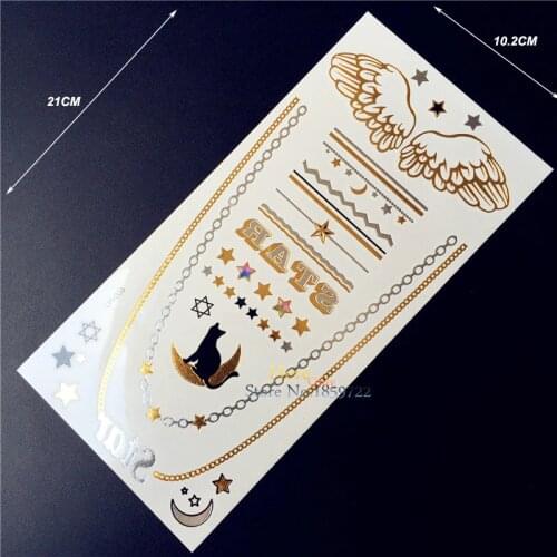 1PC Fashion Body Art Flash Temporary Tattoo Stickers Gold Silver Angel Wing Metallic Tattoo Necklace HLH6 Waterproof Tattoo Cats