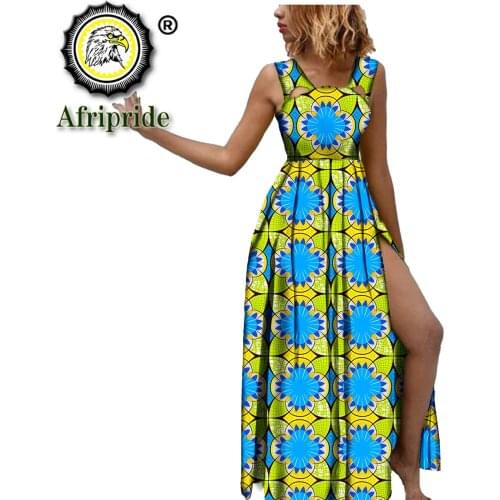 2021 New Custom African Dresses for Women Bazin Dashiki African Print Cotton Ladies Mermaid Sleeveless Party Dress S2125027
