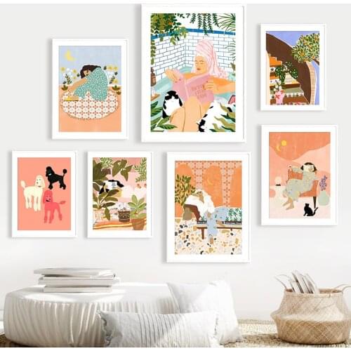 Abstract Girl Dog Plant Leaf Life Illustratio Art Canvas Painting Nordic Posters And Prints Wall Pictures For Living Room Decor