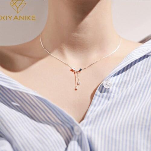 XIYANIKE 925 Sterling Silver Butterfly Tassel Pendant Necklace Charm Women Crystal Jewelry Trendy Elegant Wedding Accessories