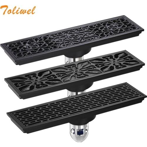 Black Brass 8 x 28cm Bathroom Linear Shower Floor Drain Wire Strainer Waste Drainer Flower Carved WF0137