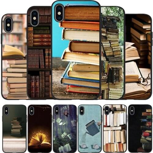 Books Pile Library Reading black Phone Case For iPhone 11 XR XS Max 7 8 6 6S Plus 5 5S SE 2020 Back Cover 11 Pro Shell
