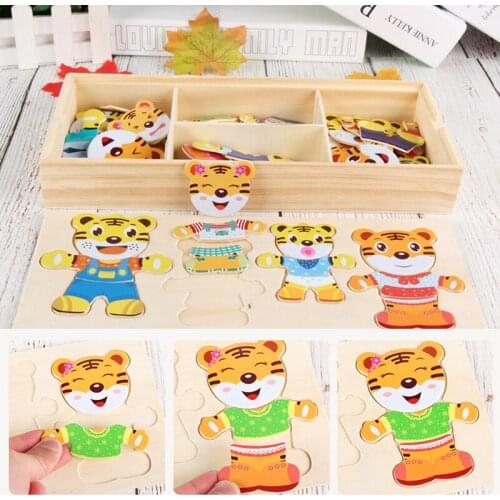 Childrens large wooden tiger a clothing toys puzzle puzzle toys male and female baby dress with early education AIDS