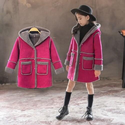 Children Woolen Blend For Girls Pink Purple Hooded Thicken Wool Coat New Winter Kids Warm Windbreaker Coat 5 6 7 9 12 14 Year