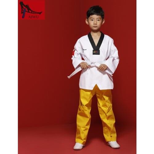 Hot Sale WTF Tae Kwon Do Dobok Clothes Child ITF Taekwondo Uniform Size XXXS-M White Top Andd Yellow Pants
