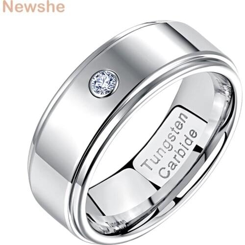 Newshe Charm Rings For Men Tungsten Carbide 8mm Wedding Bands White Zircon Jewelry Smooth Surface Ring Size 9-12 TRX071