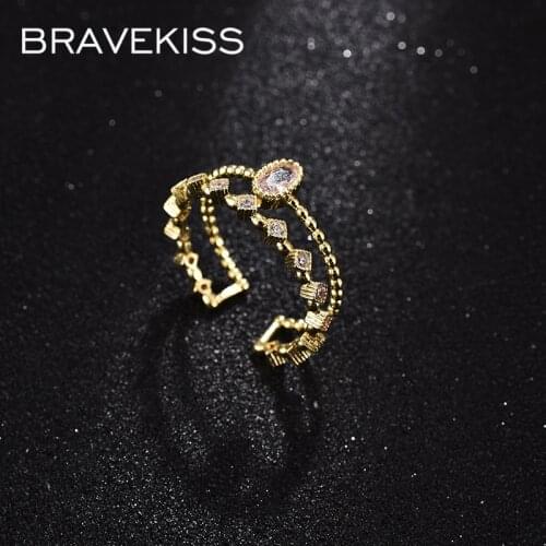 BRAVEKISS NEW Double Layer Irregular Inlaid CZ Ring for Women Femme Adjustable Wedding Rings Gold Color Fashion Jewelry UR0612
