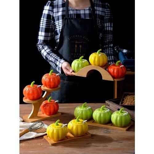 Pumpkin Ceramics Spice Jar Salt Sugar Storage Container With Spoon Kitchen Bottles Jars Organizer Tools