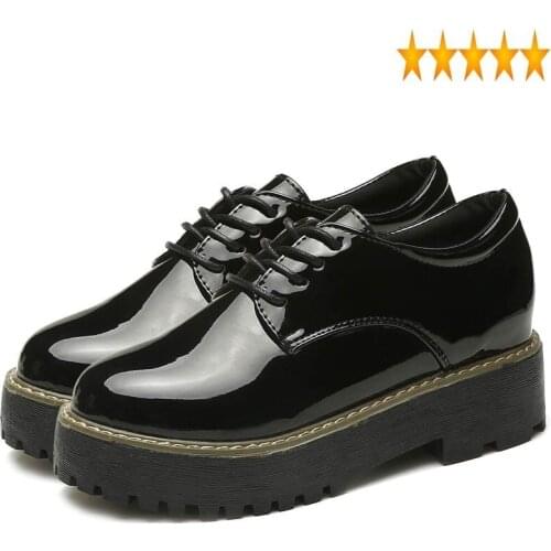 Round British Style Fashion Womens Toe England Ladies Punk Shiny Patent Leather Platform Shoes Lace Up Footwear