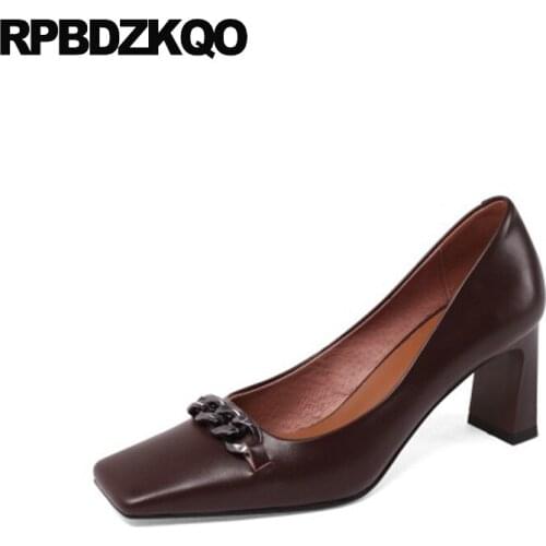 High heels chic 2021 retro size 33 pumps metal ladies genuine leather square toe brown thick beige block shoes for women 3 inch