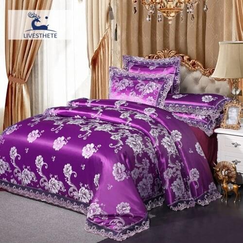 Liv-Esthete Bedding Set Purple Jacquard Lace Home Decor Duvet Cover Flat Sheet With Elastic Band Fitted Sheet King Bed Linen Set