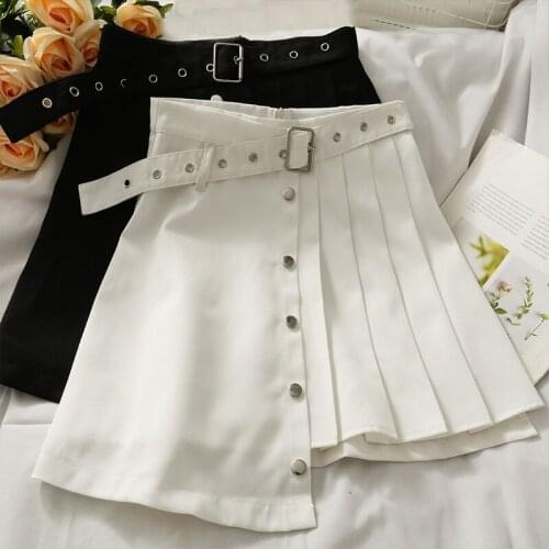 Sweet Women Mini Asymmetrical Skirt Ladies Korean Summer High Waist Button A-Line Solid Skirts Gothic Style Design Streetwear