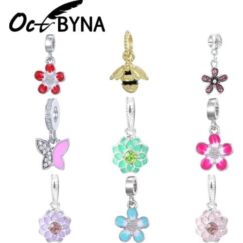 Octbyna Fashion Plant Flower Charm Beads DIY Bee Animal Pendant Fits Pandora Bracelet for Women Jewelry Making Wholesale