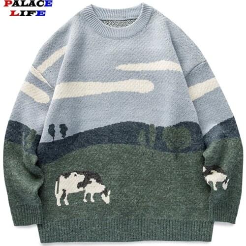 2021 Men Pullovers Sweater Vintage Cartoons Cow Print Winter Sweater O-Neck Knitted Sweater Women Casual Harajuku Cotton Top