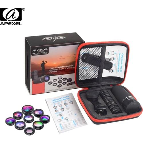 APEXEL Phone Camera Lens Kit 10 in 1 Fisheye Wide Macro 10x telescope CPL Star Filter Lens For iPhone Huawei Samsung Most phones