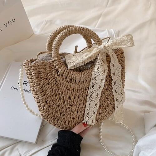 Shoulder Belt Semicircle Hand-Woven Straw Rattan Handbag with Lace Bow Rattan 2021 Summer Casual Beach Shoulder Crossbody Bag